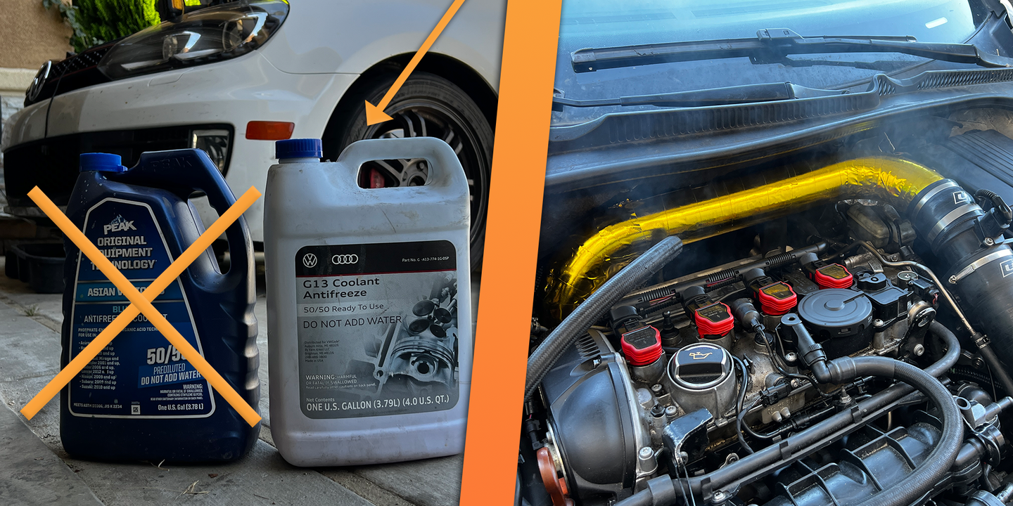 A split image of a smoking engine and two coolant jugs sitting beside a white Volkswagen GTI.
