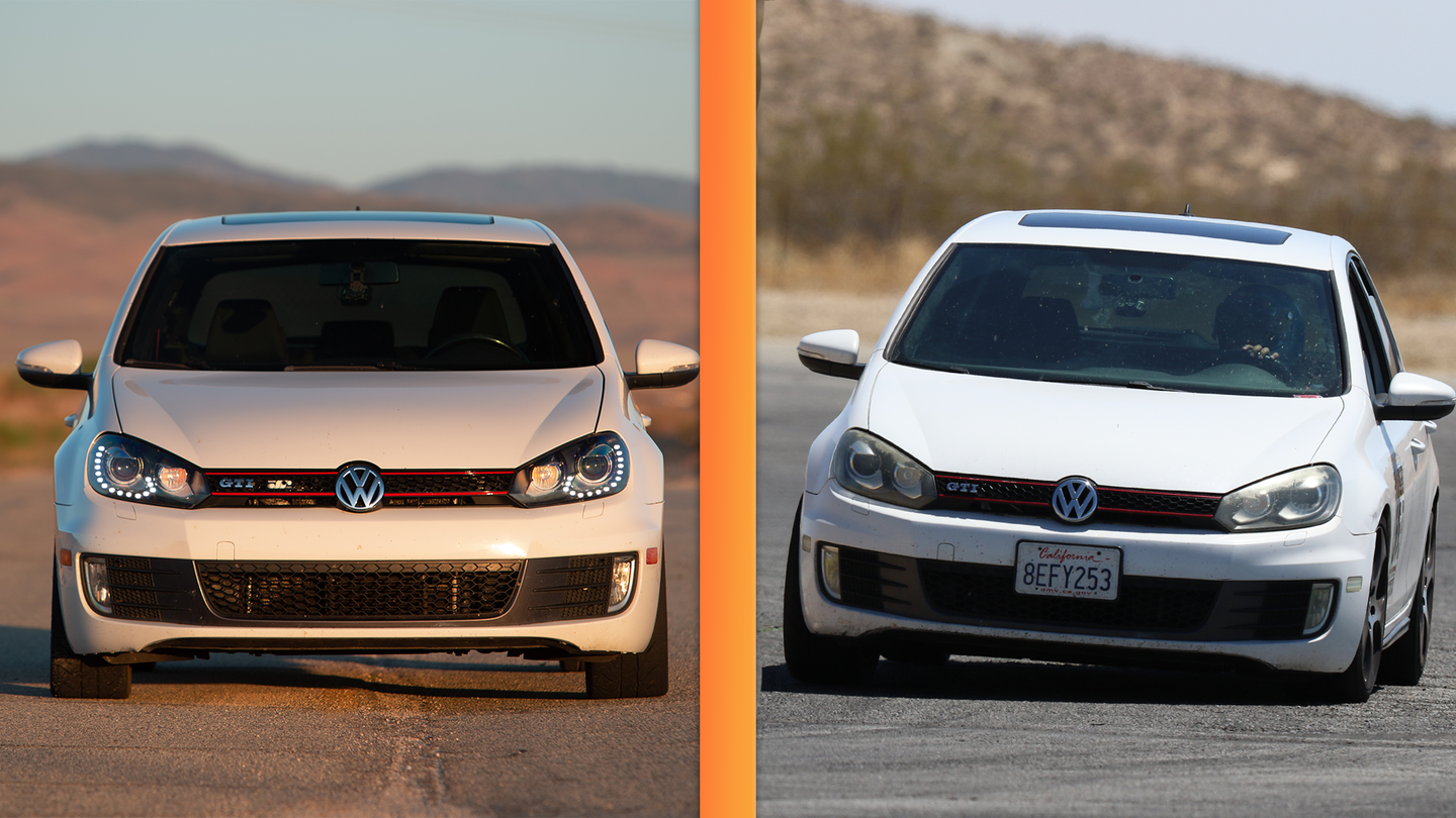A side-by-side comparison image of two white Volkswagen GTIs. One is parked and the other is aggressively cornering.