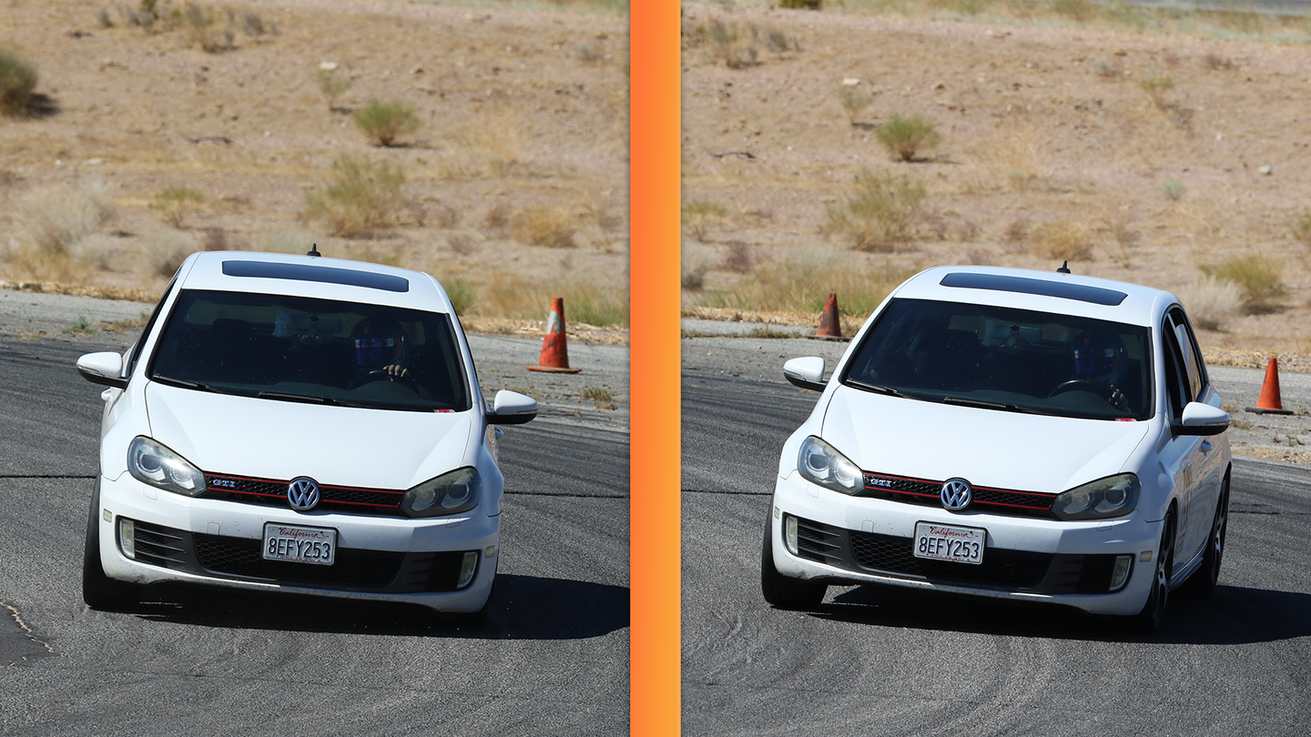 A side-by-side comparison of the same Volkswagen GTI. In one image, the car is understeering. In the other, it is rotating.