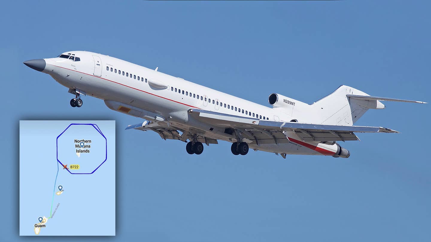 A picture of a unique and highly-modified Boeing 727 that Raytheon uses as testbed, with an inset showing online flight tracking data regarding an unusual flight the aircraft performed around the islands of Saipan and Tinian in the western Pacific in June 2022.