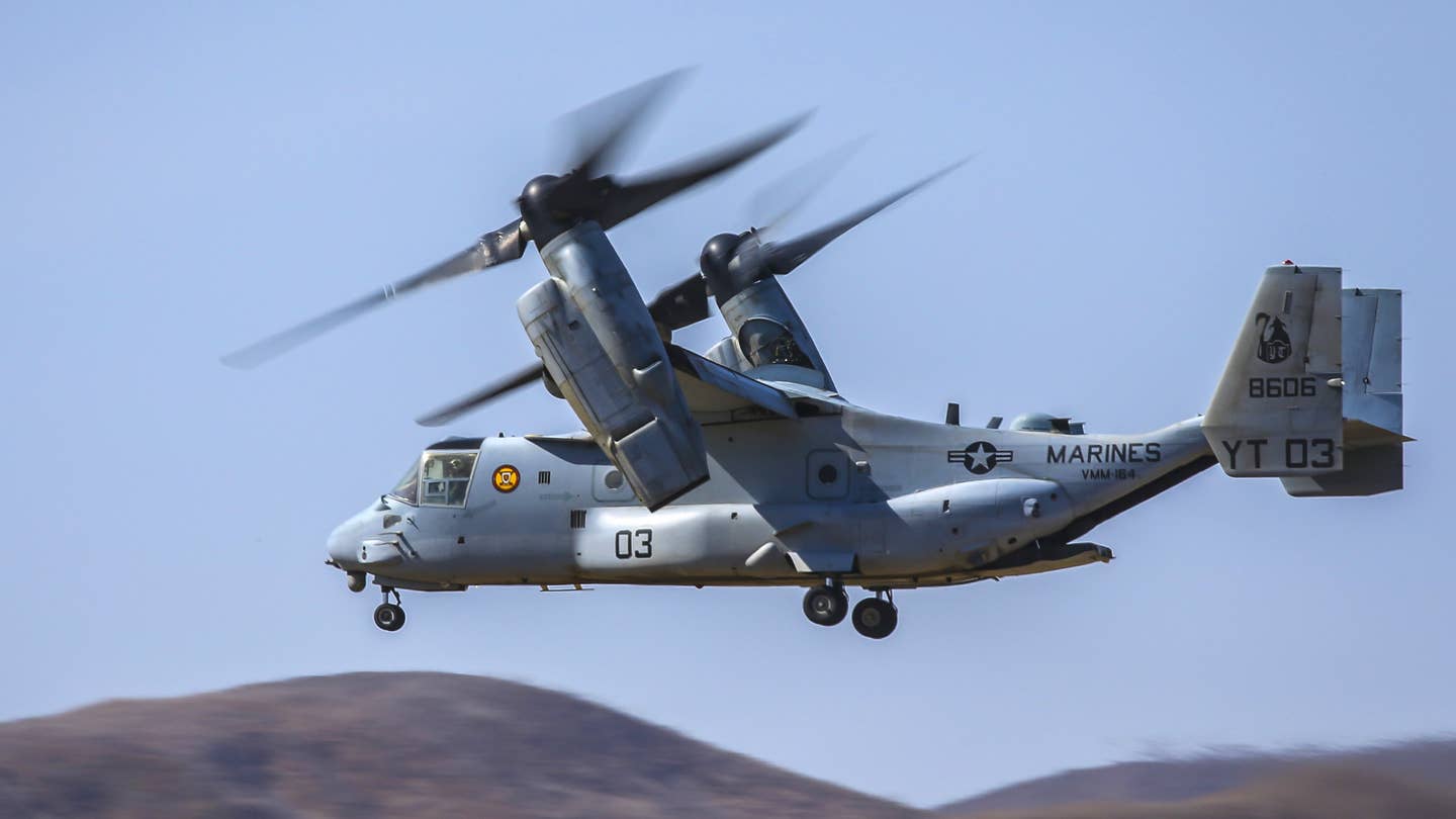 An MV-22B Osprey takes off from Marine Corps Air Station Camp Pendleton, California, Oct. 10, 2019.