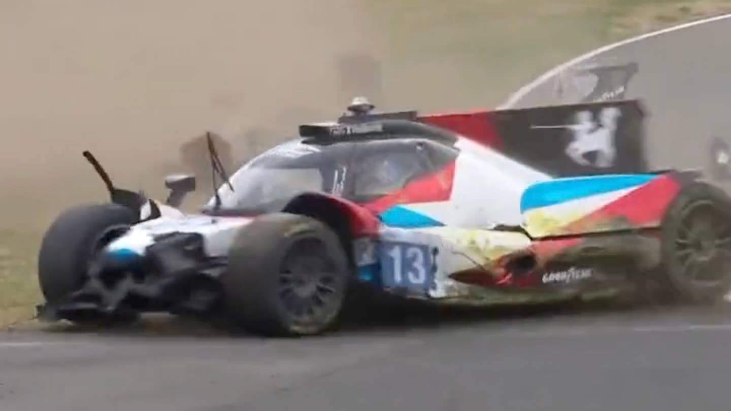The damaged Oreca 07 LMP2 car of Phillippe Cimadomo spins across the track