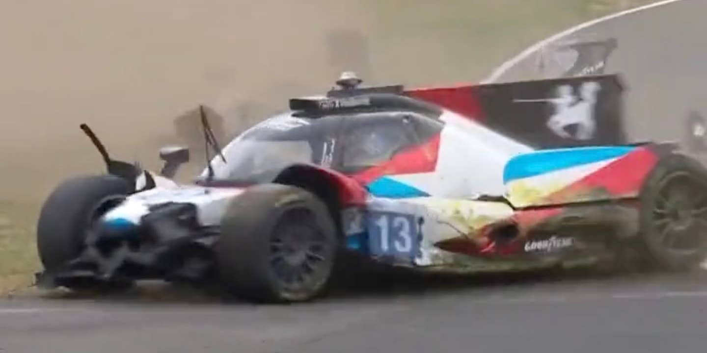 The damaged Oreca 07 LMP2 car of Phillippe Cimadomo spins across the track
