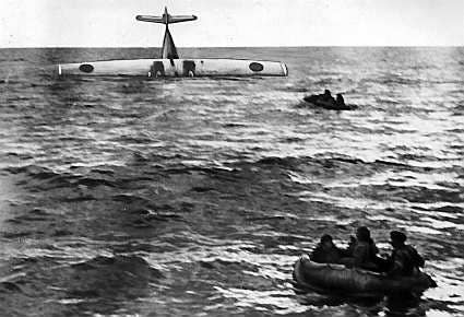 The Swedish Air Force Tp 47 Catalina sits nose down in the Baltic, as the crew takes to liferafts after it was forced down on June 16, 1952. <em>PRESSENS BILD</em>