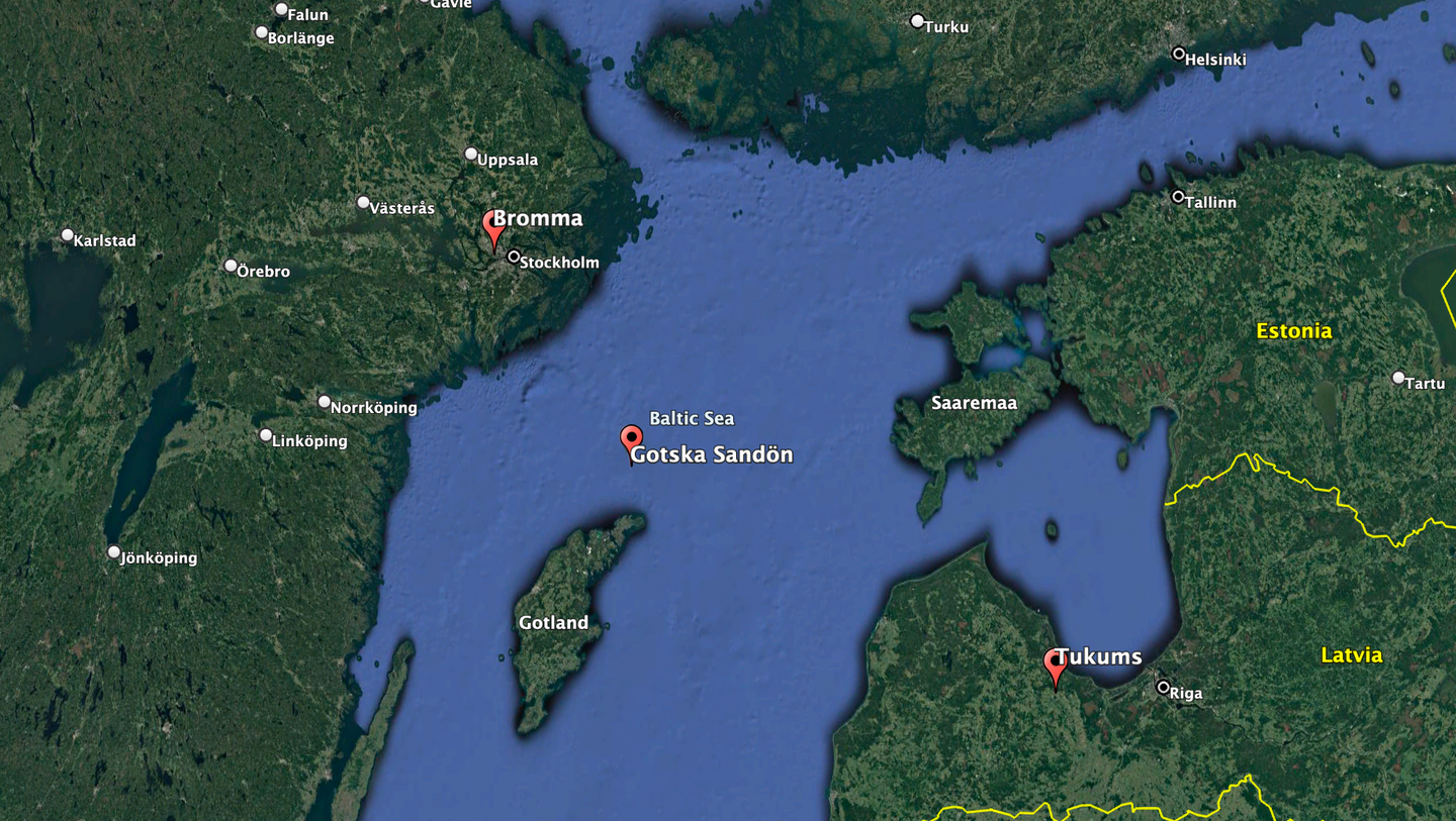 A map of the Baltic Sea including the location of Gotska Sandön, an uninhabited Swedish island. <em>Google Earth</em>