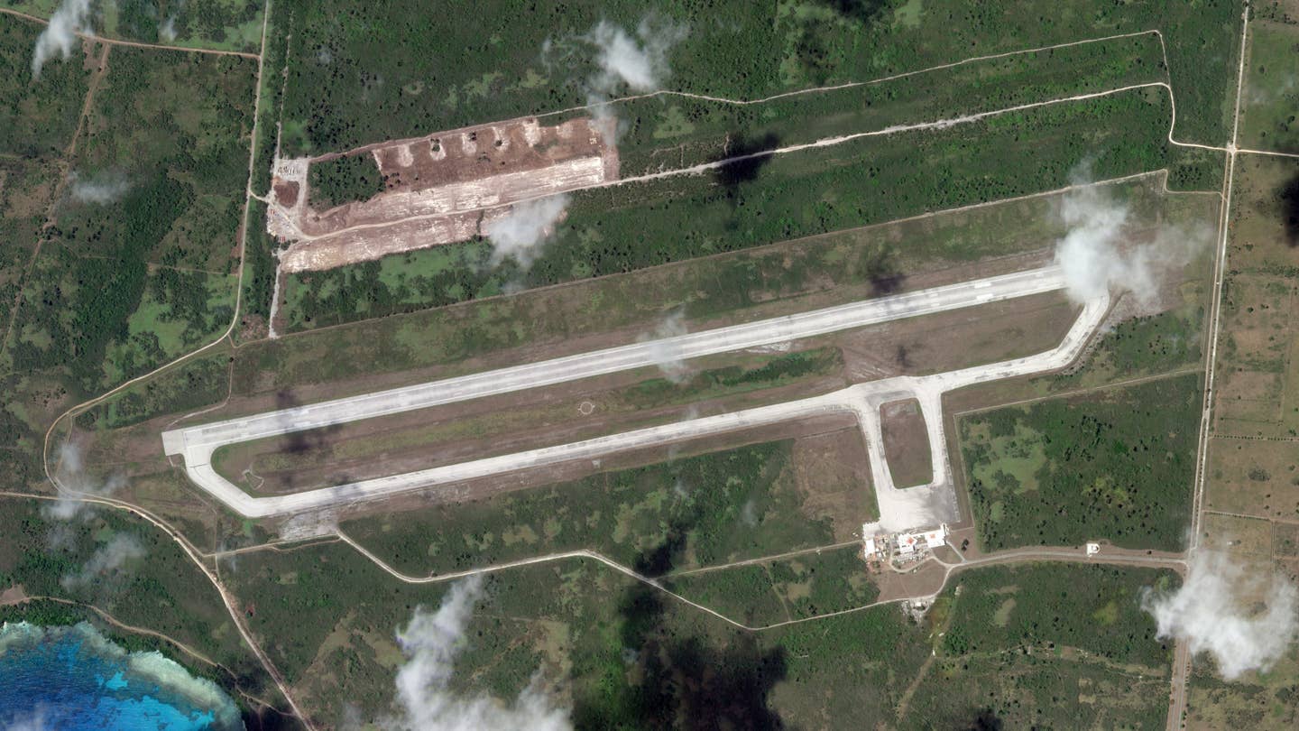 A satellite image showing Tinian International Airport on the island of Tinian on June 6, 2022, with construction work visible on the northern side of the facility.