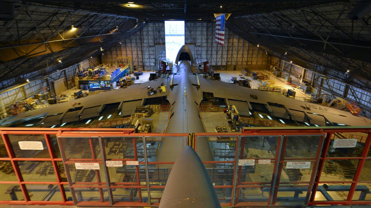 A C-5M Super Galaxy undergoes a Maintenance Steering Group-3 Major inspection in the isochronal dock of the 436th Maintenance Squadron at Dover Air Force Base, Del. (U.S. Air Force photo/Senior Airman William Johnson)<br>