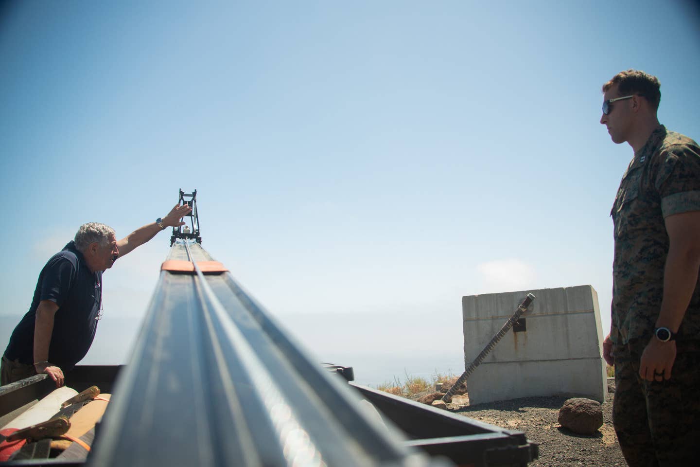 UVision employee Moshe Epstain demonstrates the process of deploying the Hero-400 on San Clemente Island, California, in May. <em>U.S. Marine Corps photo by Lance Cpl. Daniel Childs</em>
