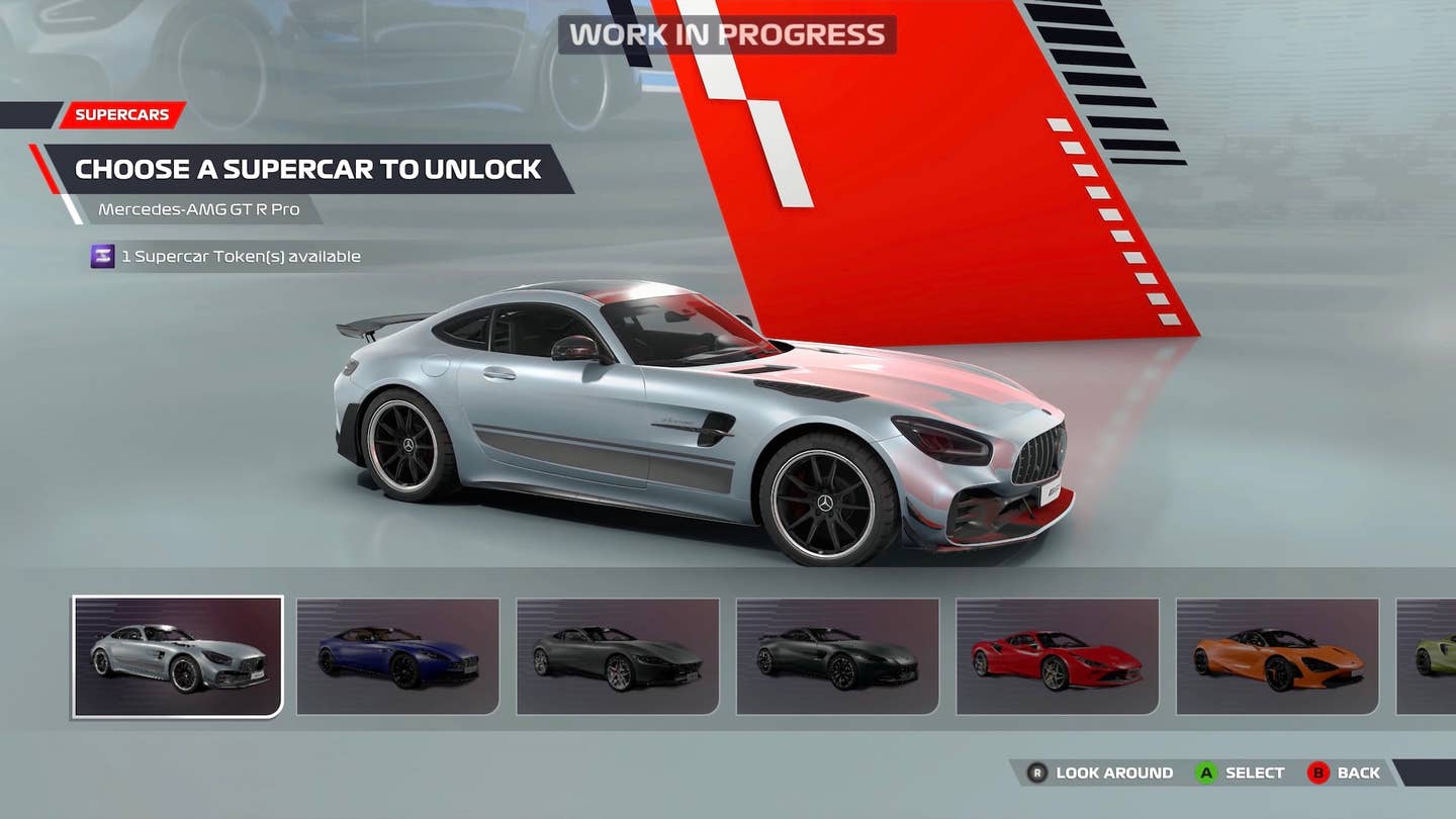 A silver Mercedes-AMG GT R Pro is part of a car selection screen within F1 22.
