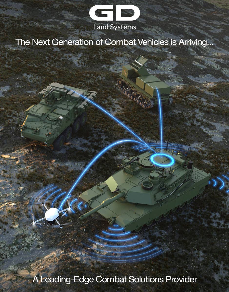 A GLDS promotional rendering showing what appears to be an M1A2 SEPv4 Abrams tank. The image also shows a Stryker 8x8 wheeled armed vehicle and a variant of the TRX tracked unmanned ground vehicle, as well as small quadcopter drone.