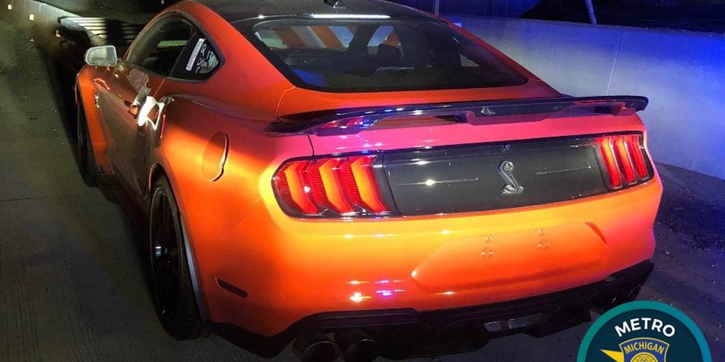An orange 2022 Ford Mustang Shelby GT500 found by police after running out of gas