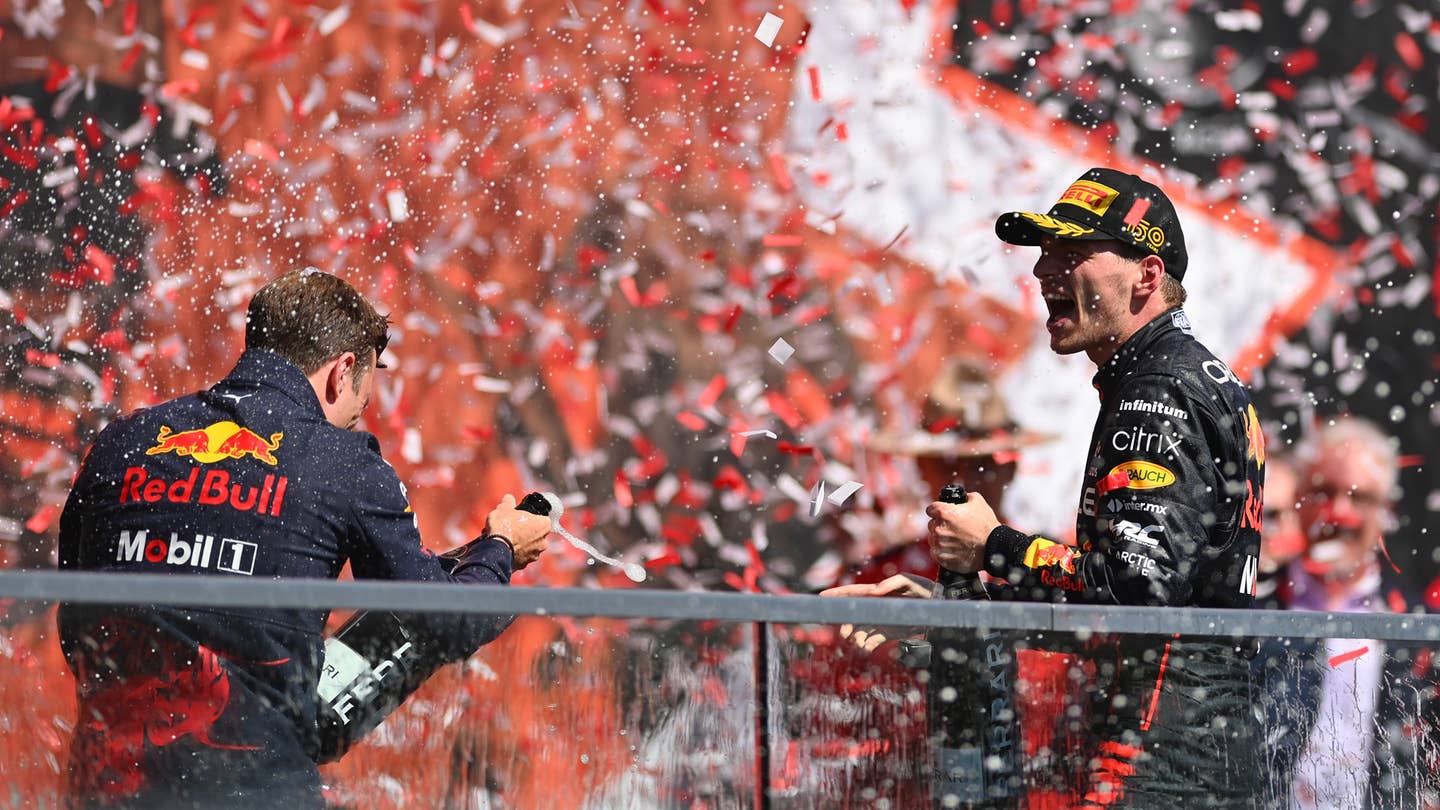MONTREAL, QUEBEC - JUNE 19: Race winner Max Verstappen of the Netherlands and Oracle Red Bull Racing celebrates on the podium during the F1 Grand Prix of Canada at Circuit Gilles Villeneuve on June 19, 2022 in Montreal, Quebec. (Photo by Dan Mullan/Getty Images)
