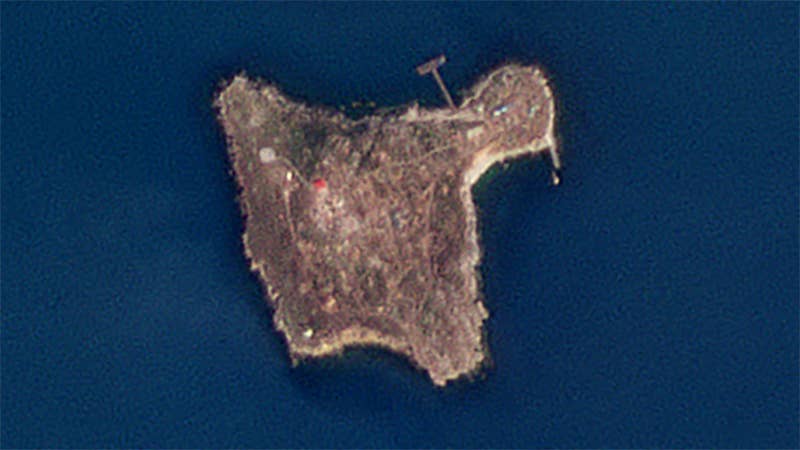 A satellite image from this morning shows no new major destruction on Snake Island. PHOTO © 2022 PLANET LABS INC. ALL RIGHTS RESERVED. REPRINTED BY PERMISSION.