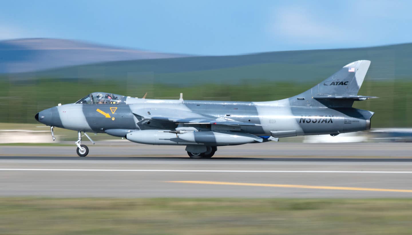 A Hawker Hunter takes off during Northern Edge, May 20, 2019, from Eielson Air Force Base, Alaska. Northern Edge is an exercise showcasing the lethality of joint forces and the capabilities of U.S. forces in and around the Indo-Pacific region.