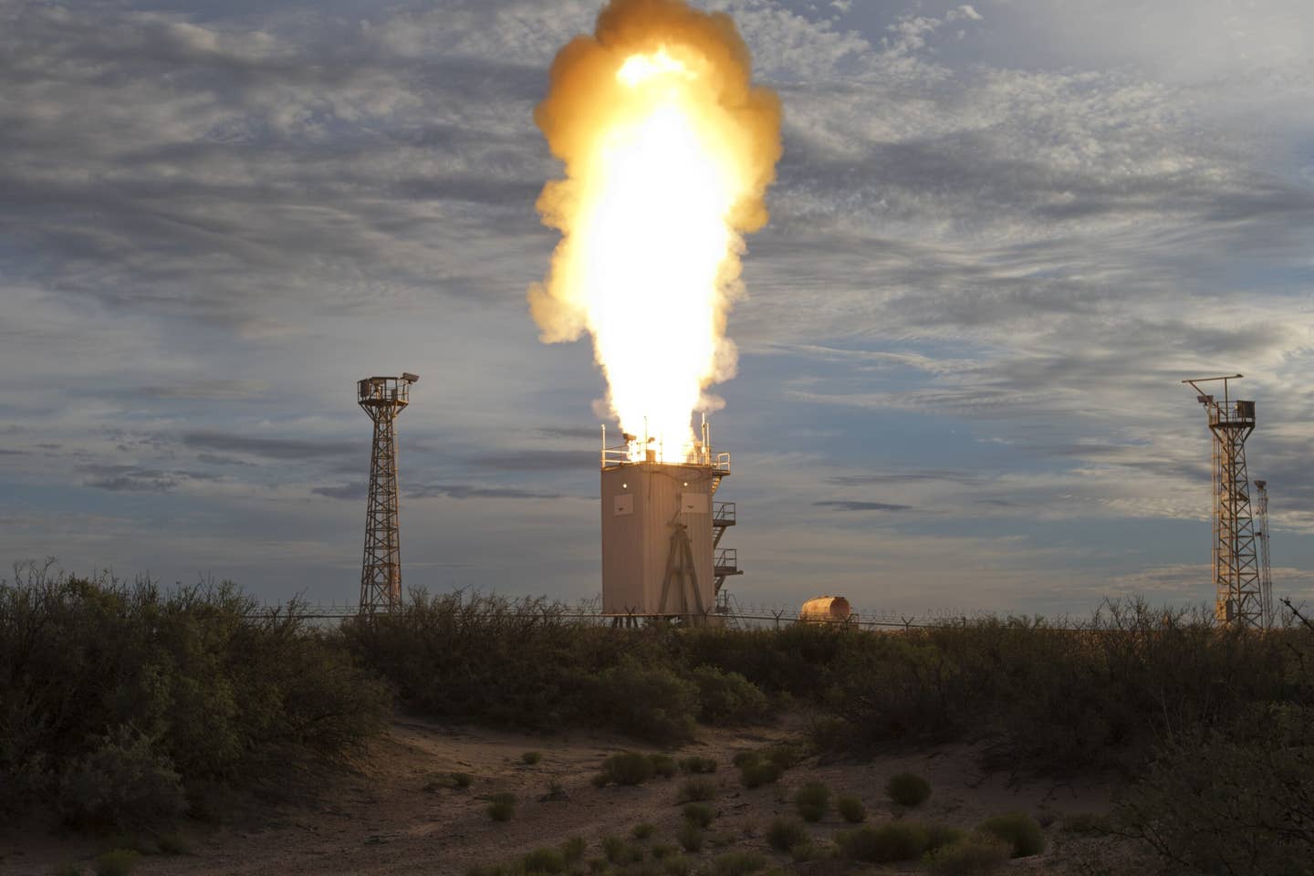 An SM-6 is launched to engage an over-the-horizon threat as part of the first live-fire demonstration that successfully integrated the F-35 with Naval Integrated Fire Control-Counter Air (NIFC-CA) architecture, at White Sands Missile Range, New Mexico, in September 2016. <em>U.S. Army photo by Drew Hamilton/Released</em>