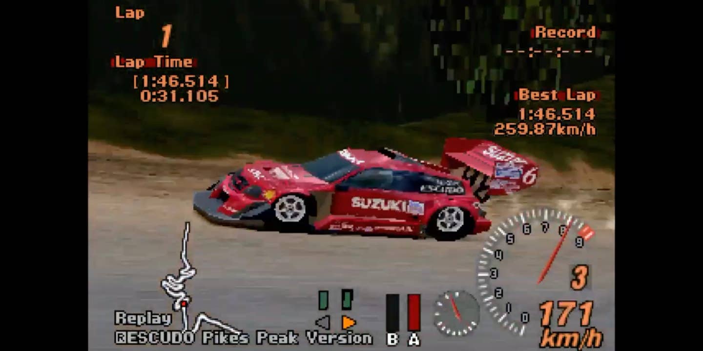 A Suzuki Escudo Pikes Peak races along in a Gran Turismo 2 replay.