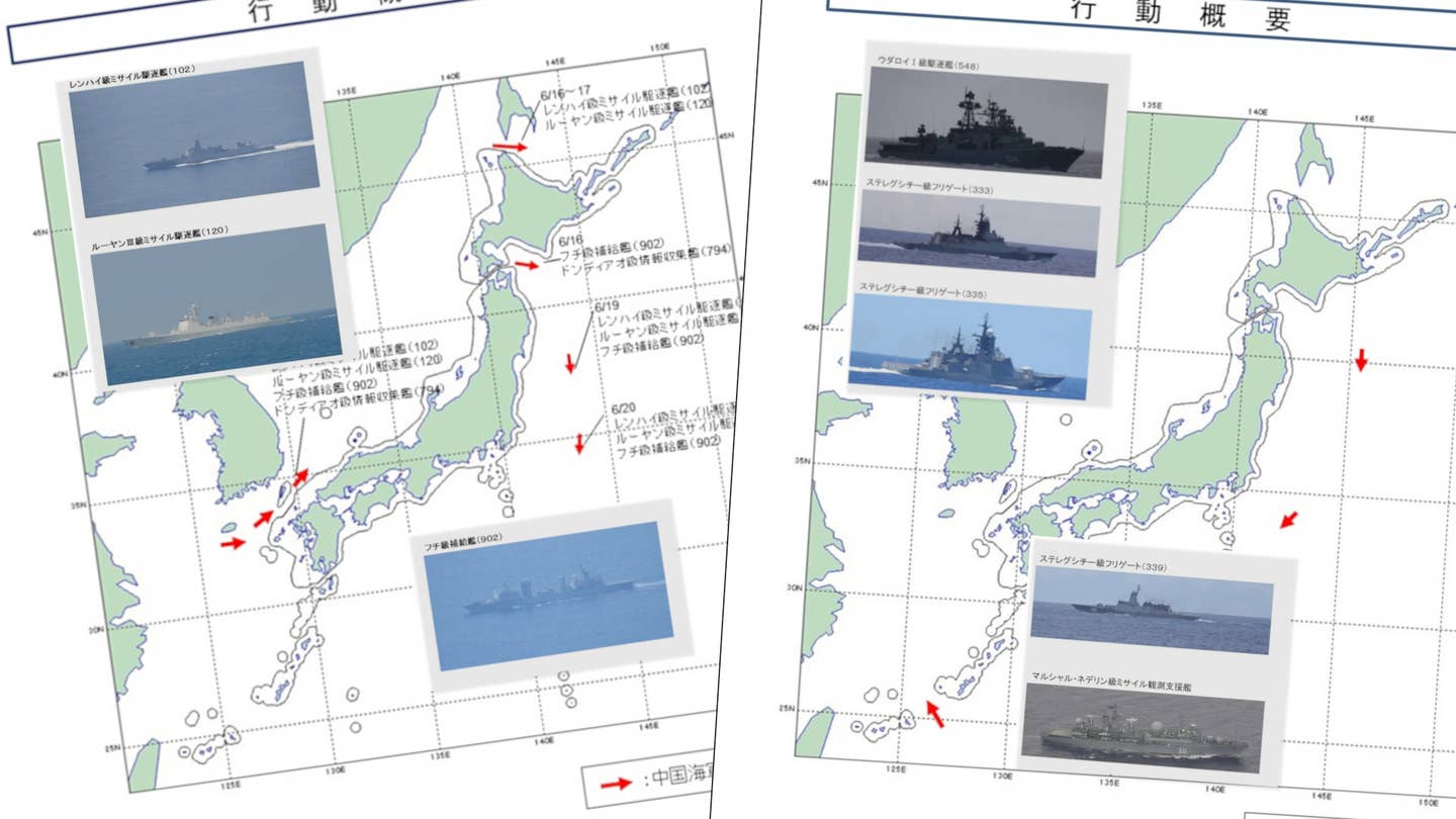 Maps and pictures showing various Chinese and Russian naval vessels that have been sailing around Japanese territory in June 2022.
