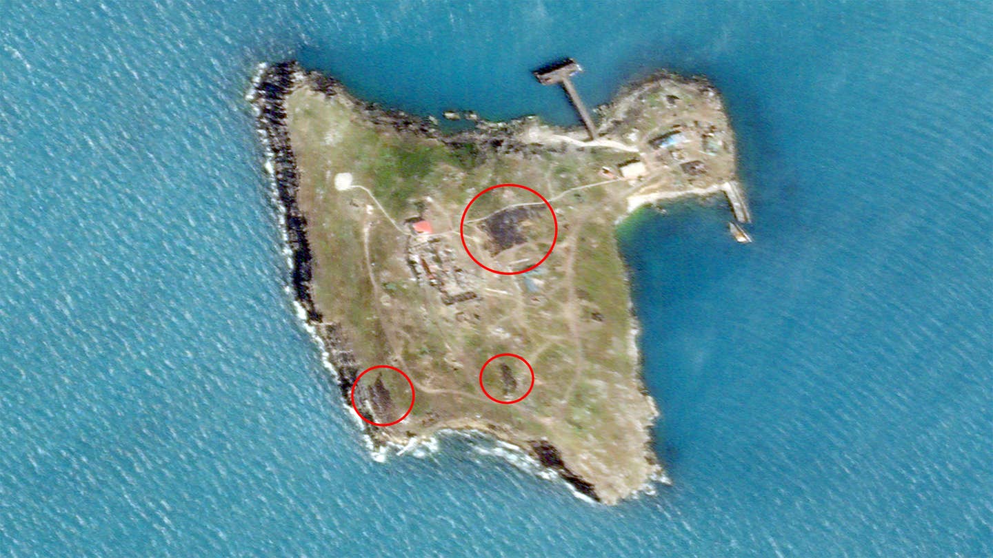 A satellite image of Snake Island taken on June 21, 2022, showing evidence of new strikes