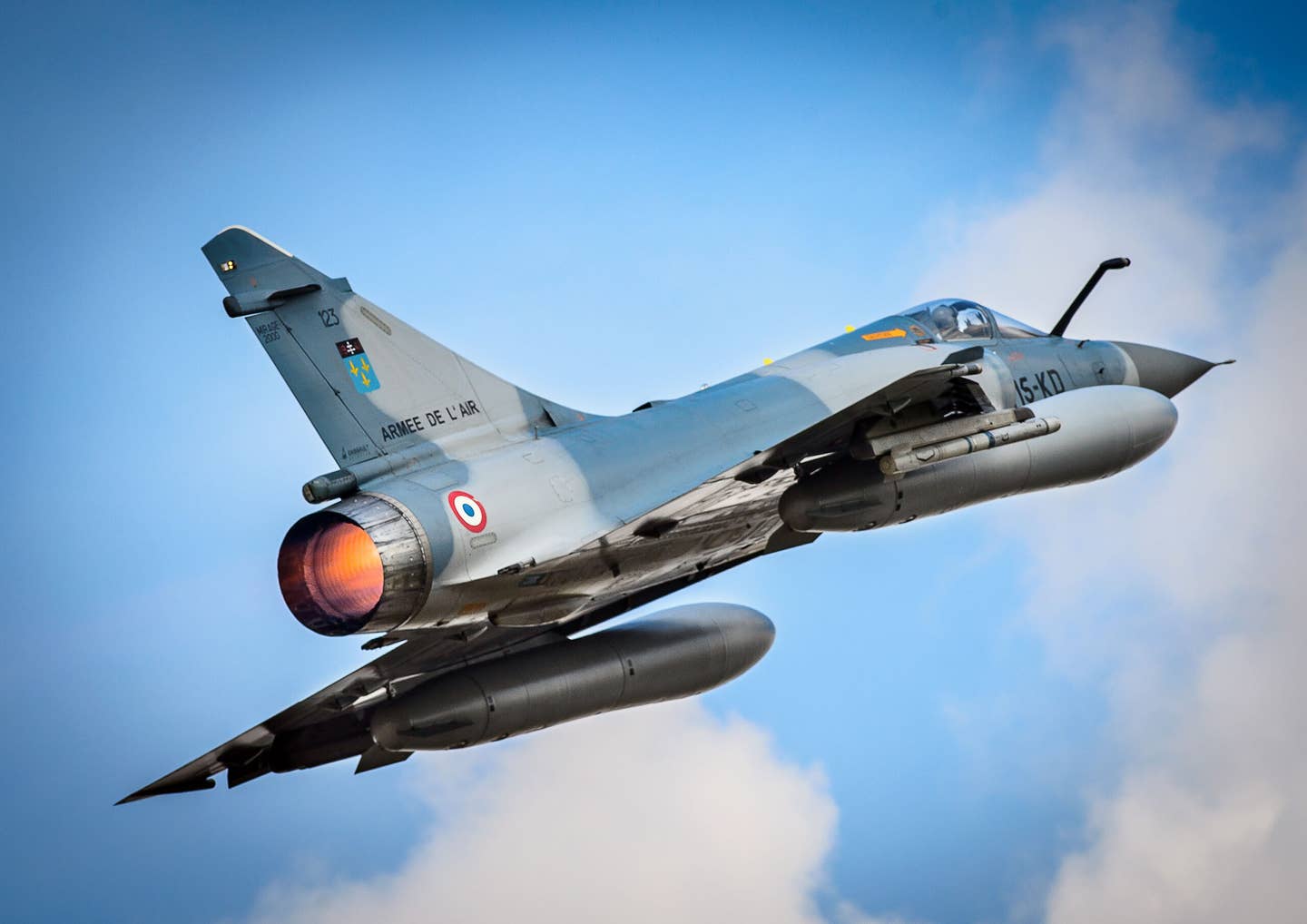 A Mirage 2000C blasts off from RAF Brize Norton in England in September 2014, ahead of a NATO Summit flypast. <em>Paul Crouch/RAF Brize Norton Photographic Section</em>