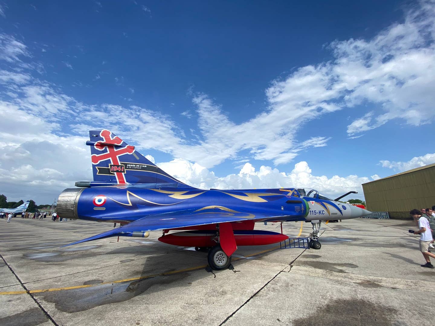 The 80th-anniversary jet at Orange-Caritat on June 23. The motif is based on the Cross of Lorraine, the symbol of the Free French in World War II. <em>Ian Black</em>