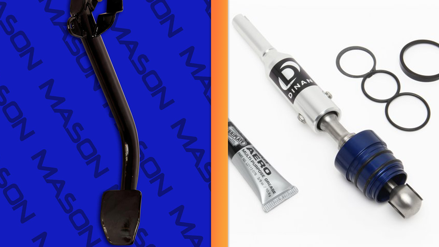 Two images. The one on the left is an image of a metal clutch pedal for a BMW and has a blue background with a repeating pattern that says &quot;Mason.&quot; On the right, a shift lever made by aftermarket tuning company Dinan on a white background.