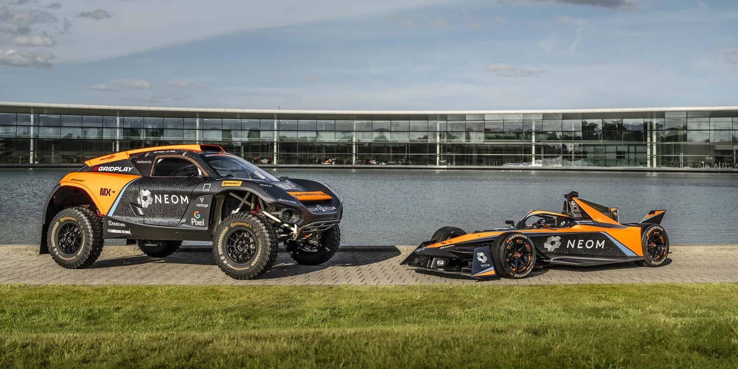 The McLaren Extreme E and Formula E Gen3 cars outside the McLaren Technology Centre