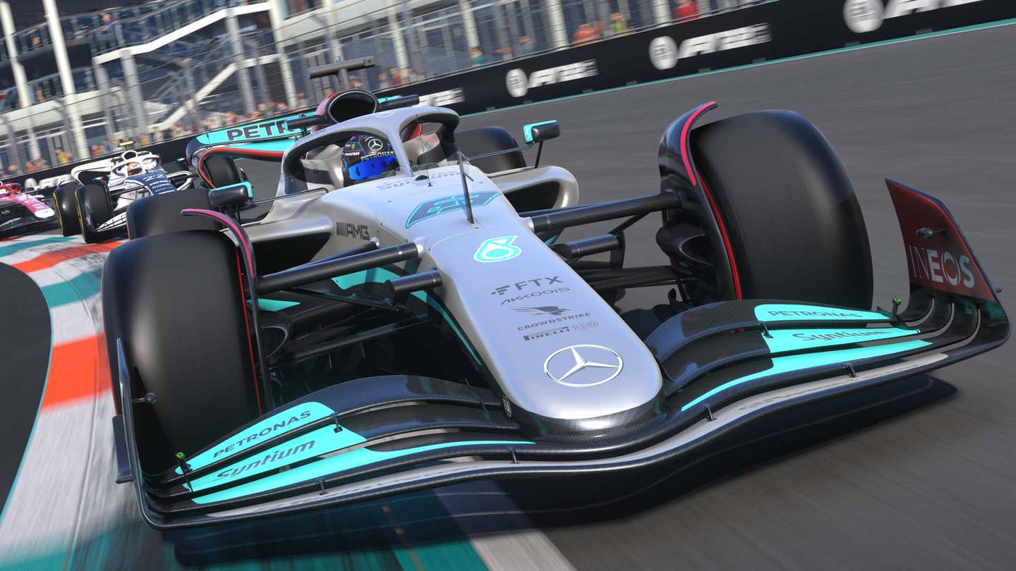 A screenshot of George Russell going through the Marina section of Miami in the F1 2022 game