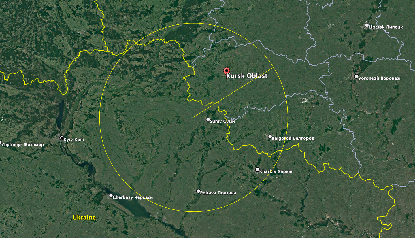 The location of Kursk Oblast in relation to the Ukrainian border, with a circle overlaid showing the 125-mile approximate range of a standard Tu-143 on a one-way mission. <em>Google Earth</em>