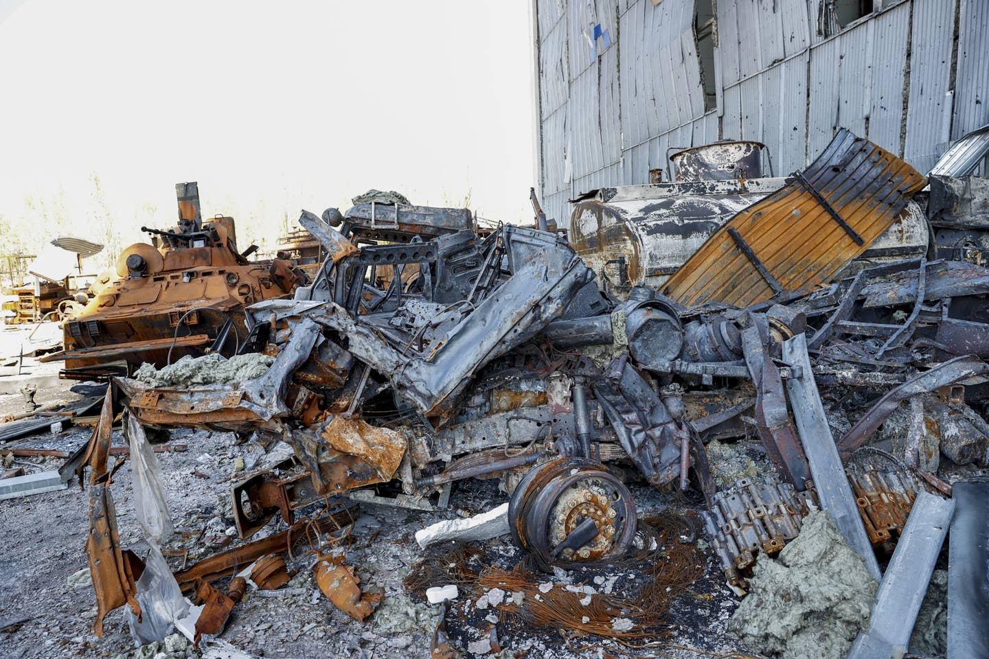 A view of the wreckage of the military vehicles, at a hangar after it was destroyed by Russia's attacks on Antonov Airport in Hostomel, Ukraine on May 5, 2022. <em>Dogukan Keskinkilic/Anadolu Agency via Getty Images</em>