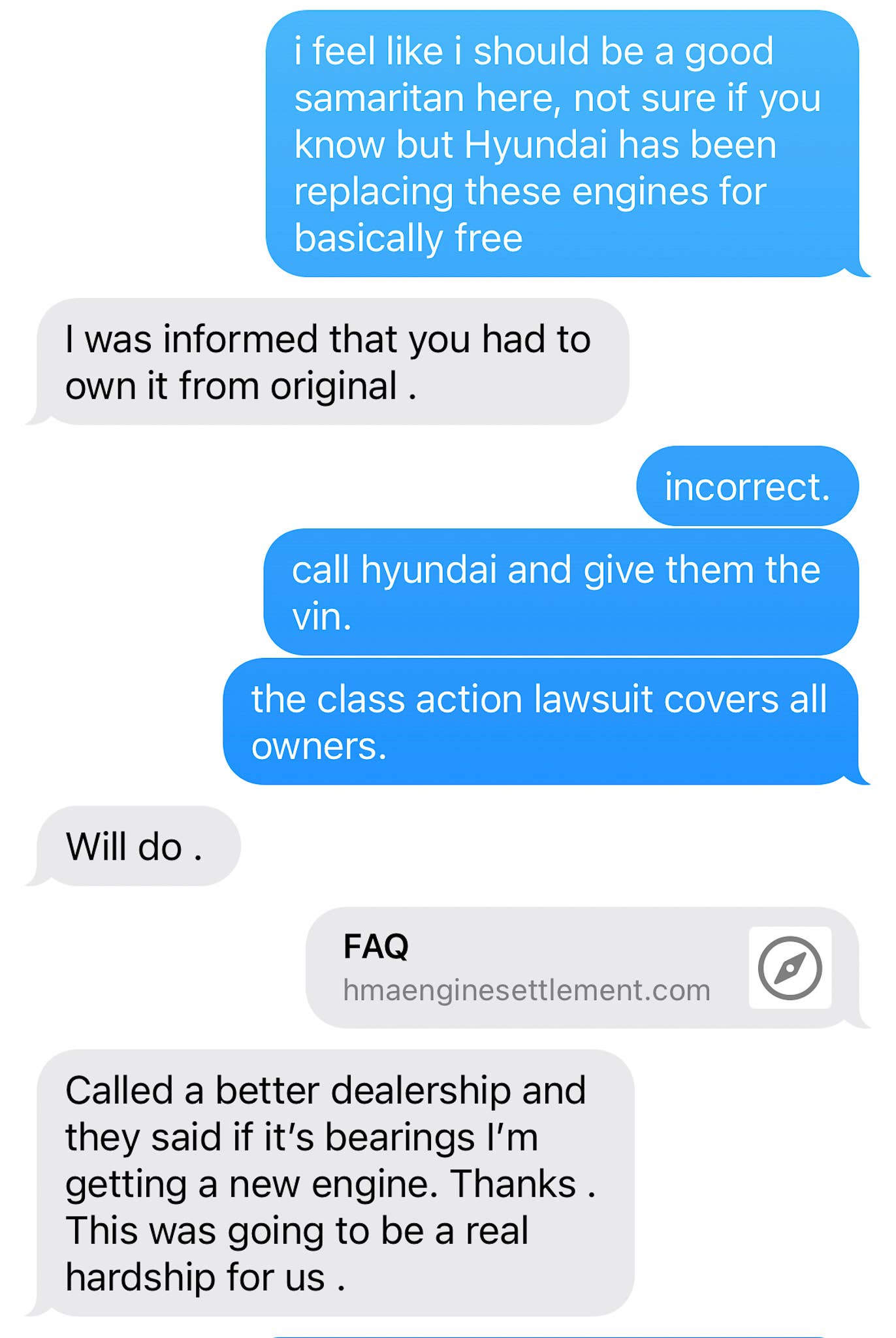 Screenshot of text message of blown Hyundai owner