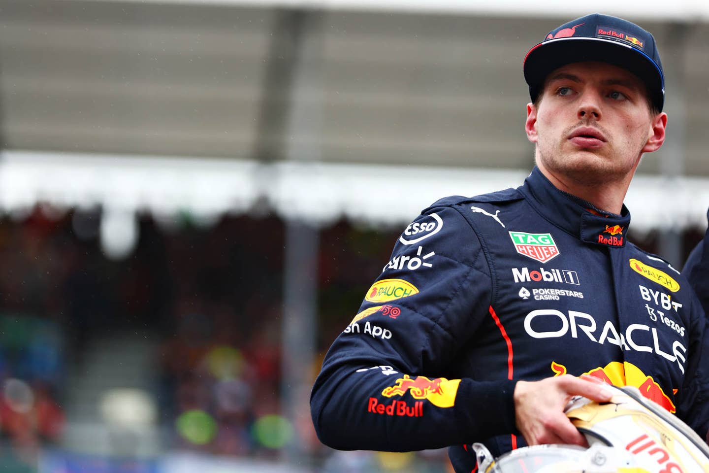 NORTHAMPTON, ENGLAND - JULY 02: Second placed qualifier Max Verstappen of the Netherlands and Oracle Red Bull Racing looks on in parc ferme during qualifying ahead of the F1 Grand Prix of Great Britain at Silverstone on July 02, 2022 in Northampton, England. (Photo by Mark Thompson/Getty Images)