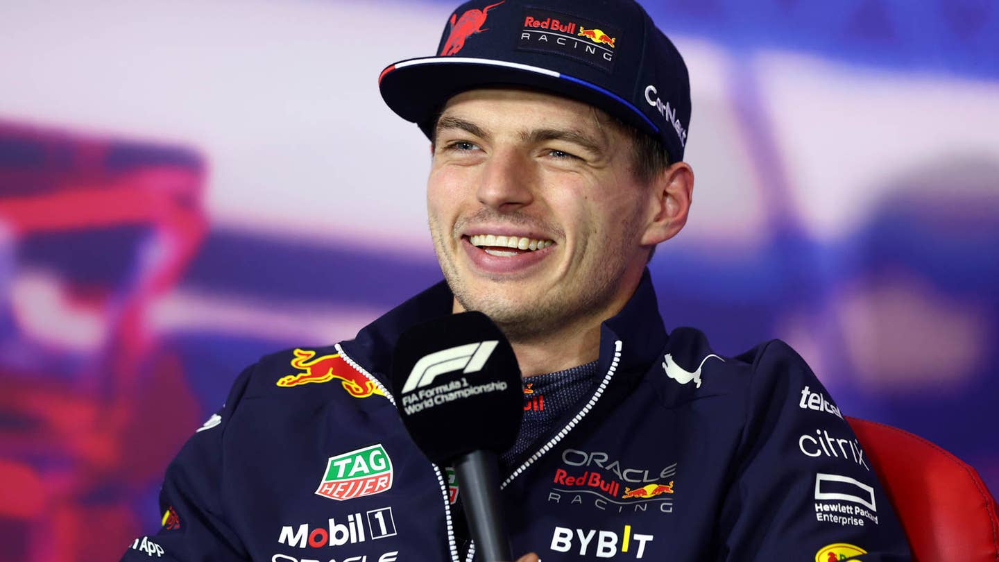 NORTHAMPTON, ENGLAND - JULY 02: Second placed qualifier Max Verstappen of the Netherlands and Oracle Red Bull Racing attends the press conference after qualifying ahead of the F1 Grand Prix of Great Britain at Silverstone on July 02, 2022 in Northampton, England. (Photo by Clive Rose/Getty Images)