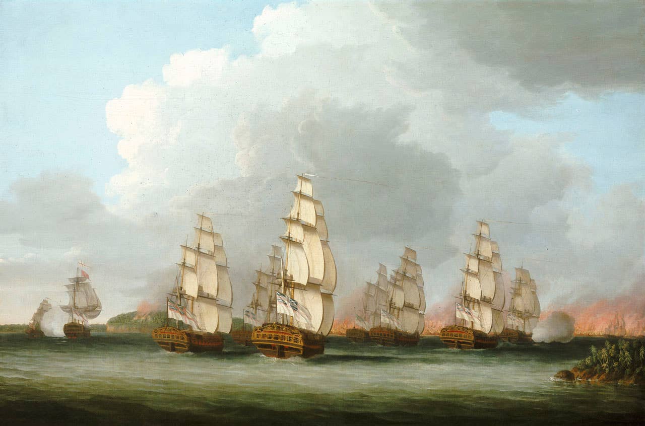 Naval action during the Penobscot Expedition in 1779, in the American Revolutionary War, during which the Massachusetts Naval Militia suffered heavy losses. The original <em>Independence</em> had been captured three years earlier, but this painting gives an impression of the kinds of naval armadas assembled during the conflict. <em>National Maritime Museum, London</em>
