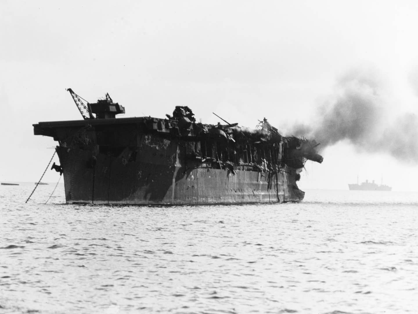 The charred hulk of the USS&nbsp;<em>Independence</em>&nbsp;(CVL-22) after the Able atomic bomb airburst test at Bikini Atoll on July 1, 1946. <em>U.S. Navy&nbsp;</em>