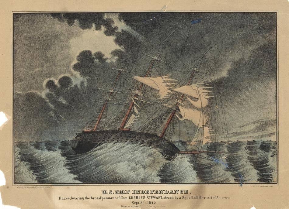 A highly stylized illustration of the third <em>Independence</em>, built as a three-masted ship of the line, doing battle with a storm in September 1842. <em>Photograph of Kellogg Bros. lithograph</em>