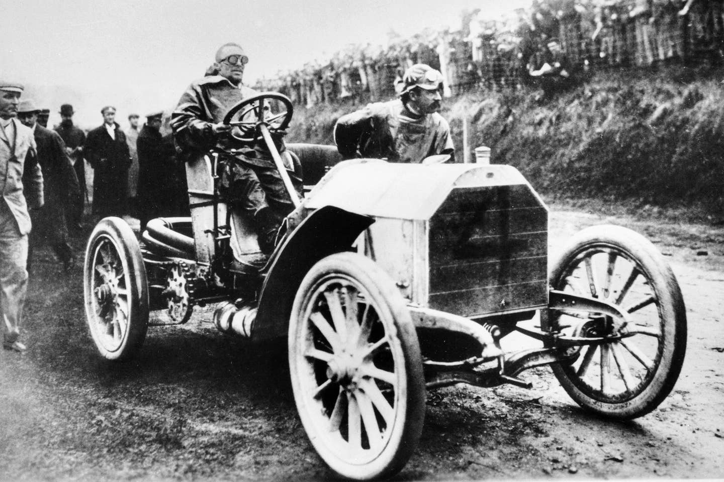 The eventual winner of the 1903 Gordon Bennett Cup, Camille Jenatzy in a 60-hp Mercedes.