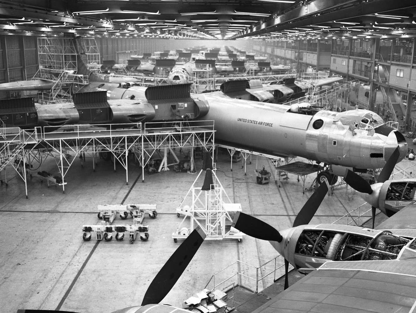 A seemingly endless line of B-36 bombers take shape on the Convair assembly line in 1951. Some aspects of the current acquisition cycle date back to the Cold War and are increasingly facing criticism from officials frustrated by the slow pace at which new technologies are adopted. <em>Tony Landis/U.S. Air Force</em>