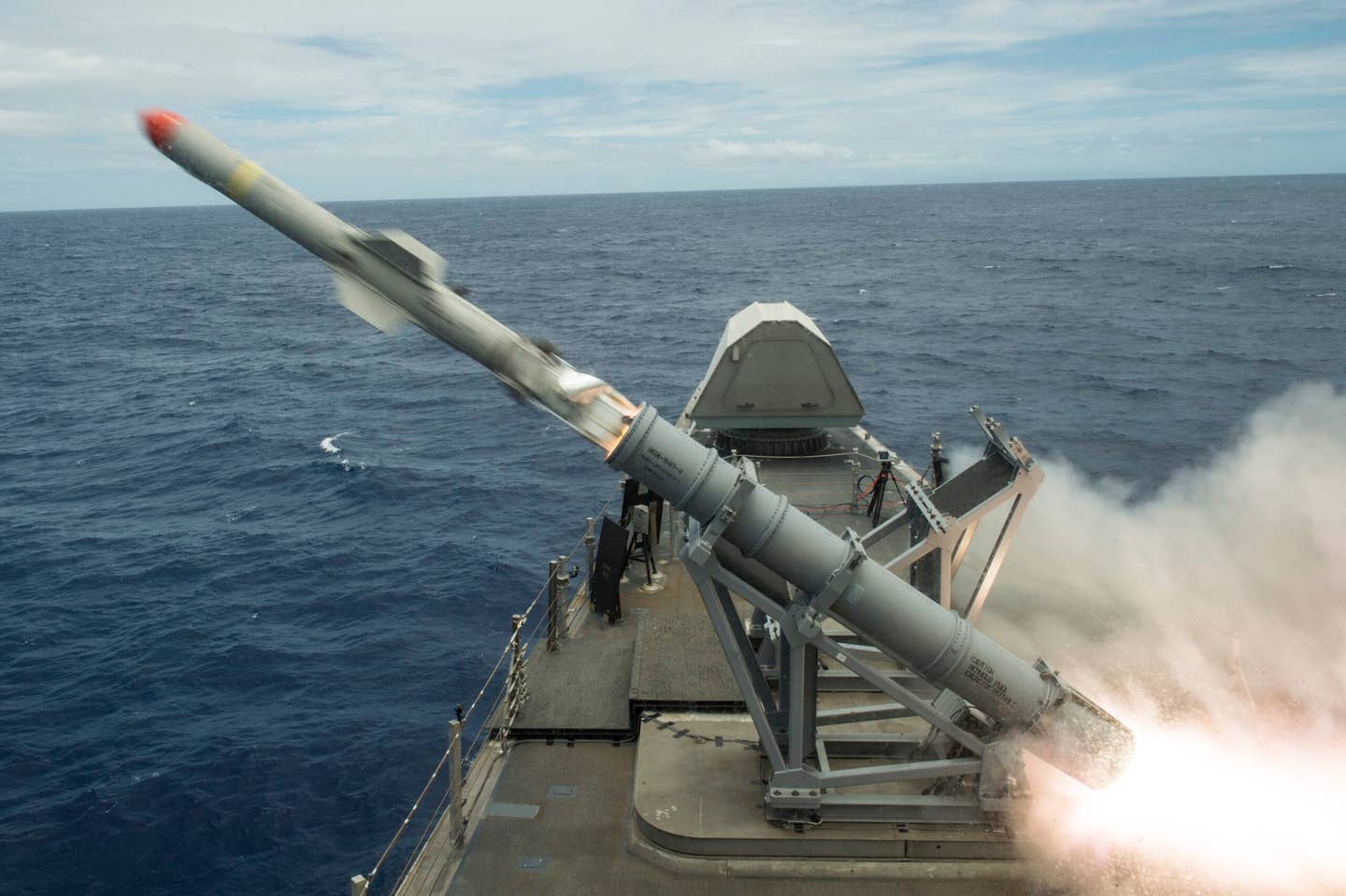 USS Coronado fires a Block 1C Harpoon missile. <em>U.S. Navy</em>