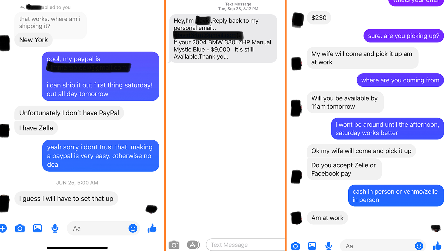 A few examples of scammy messages I've received over the years. Note the insistence on non-guaranteed payment methods over long distances. | Chris Rosales