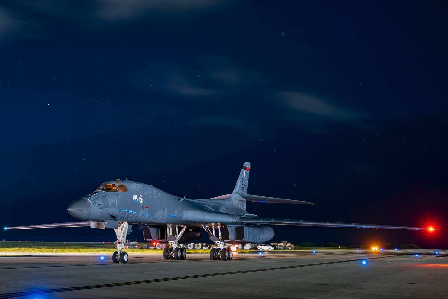 One of four B-1Bs assigned to the 34th Bomb Squadron taxis on Andersen Air Force Base after arriving there on June 3, 2022. <em>U.S. Air Force photo by Master Sgt. Nicholas Priest</em>