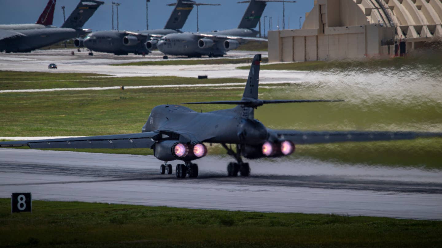 A B-1B blazes down the runway at Andersen Air Force Base, June 6, 2022. <em>U.S. Air Force Photo by Tech. Sgt. Chris Hibben</em>