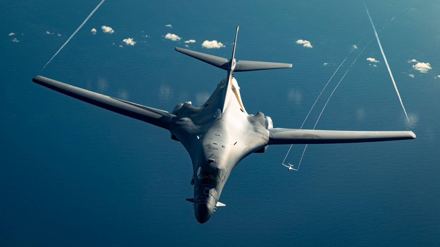 B-1Bs from the 34th Expeditionary Bomb Squadron over the Pacific Ocean during a Bomber Task Force mission, June 20, 2022. <em>U.S. Air Force photo by Master Sgt. Nicholas Priest</em>