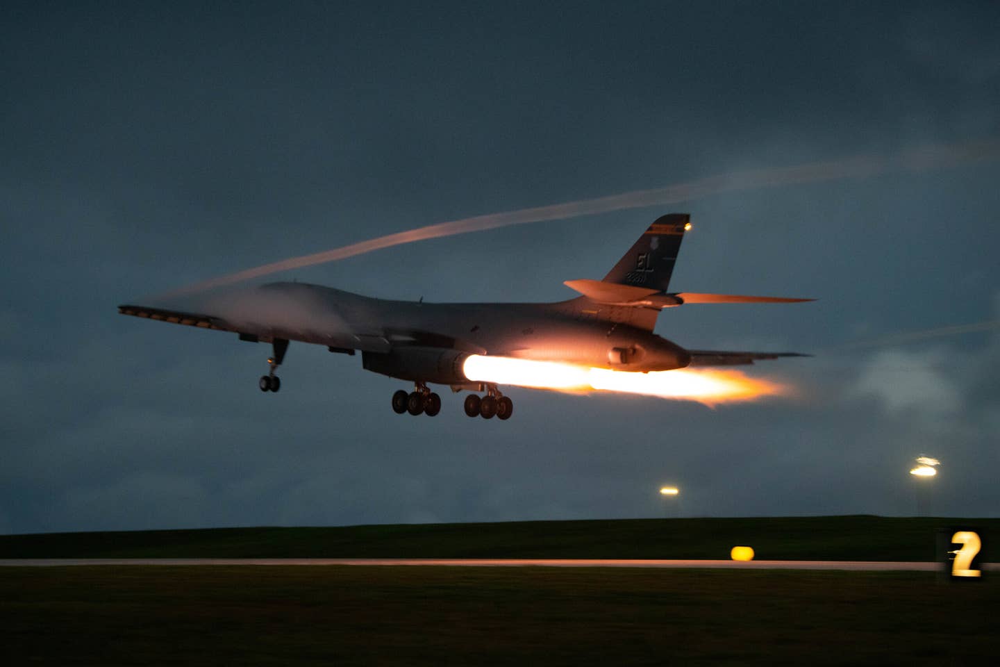 A B-1B takes off from Andersen Air Force Base to join the Royal Australian Air Force for a Bomber Task Force mission, June 20, 2022. <em>U.S. Air Force photo by 2nd Lt. Michael Caggiano</em>