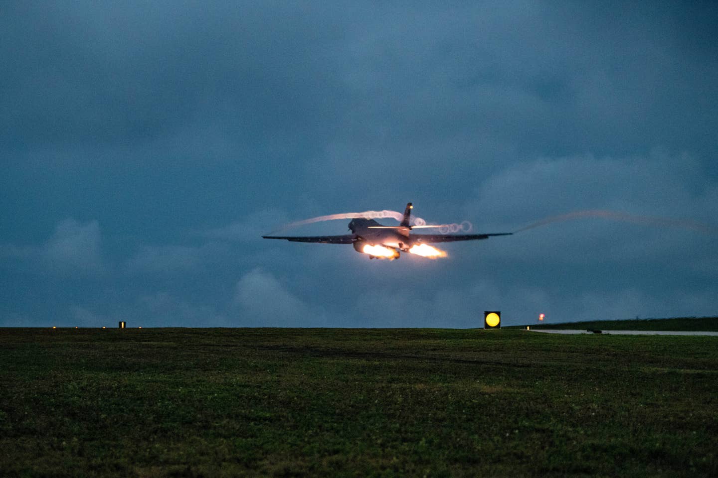 A B-1B takes off from Andersen Air Force Base, Guam, to join the Royal Australian Air Force for a Bomber Task Force mission, June 20, 2022. <em>U.S. Air Force photo by 2nd Lt. Michael Caggiano</em>