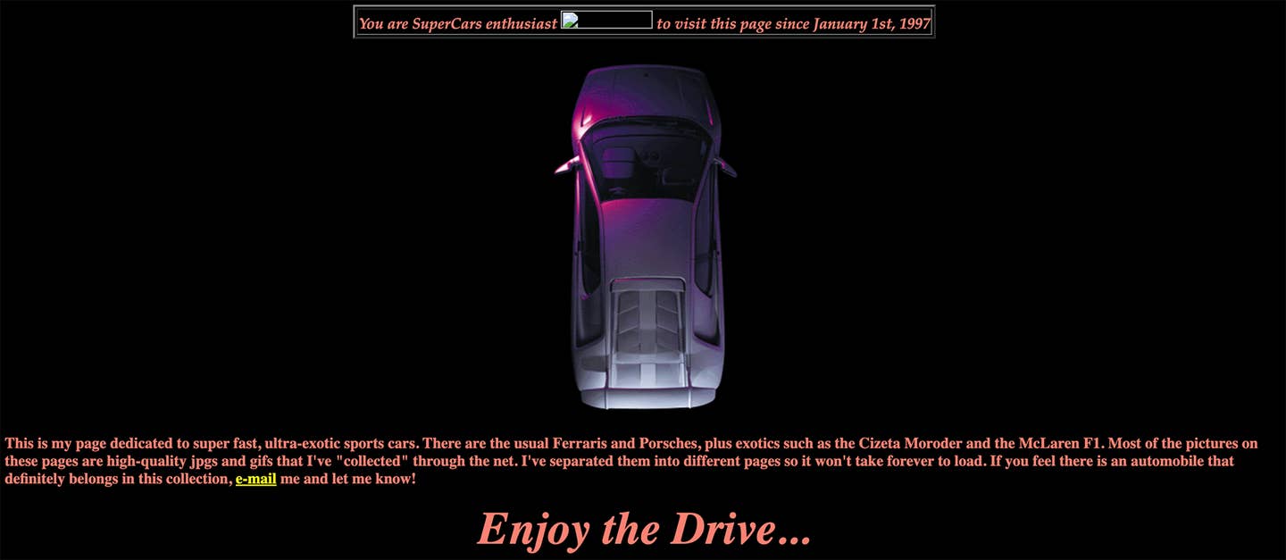A screencap of an old supercar site.