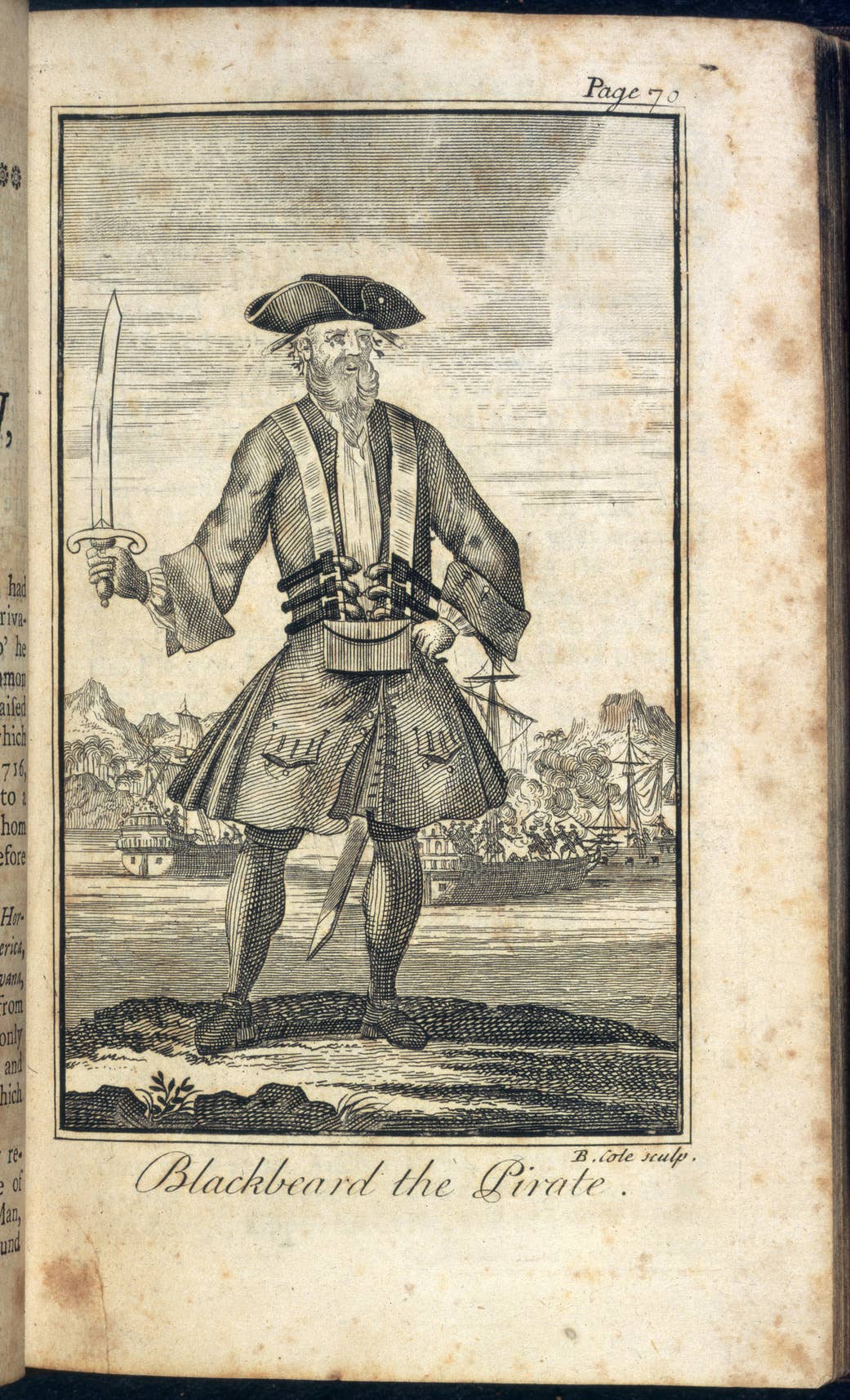 A 1725 portrait of Blackbeard, also known as Edward Teach, as originally published in <em>A General History of the Pyrates</em>. <em>British Library</em>