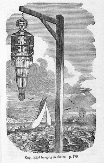The body of Captain William Kidd hangs in chains as a warning to others. A pirate, then a privateer, Kidd was tried and executed in London in 1701 for murder and piracy. <em>National Maritime Museum, London</em>