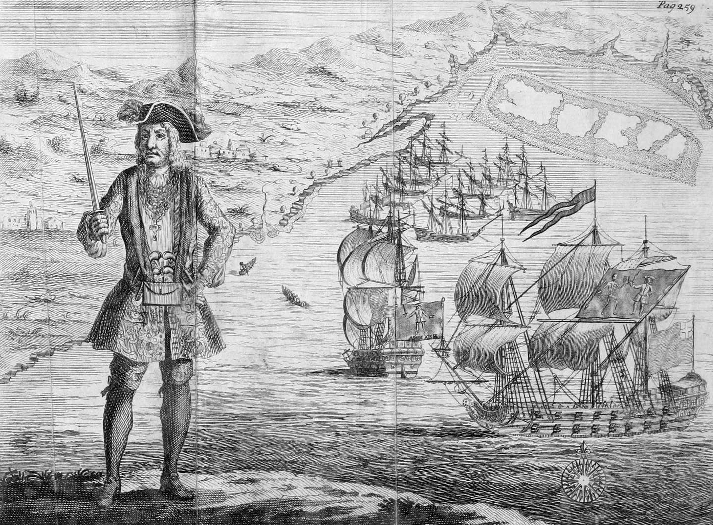 Captain Bartholomew Roberts is depicted with his ship and captured merchant ships in the background. This copper engraving appeared in&nbsp;<em><em>A General History of the Pyrates</em> </em>by Captain Charles Johnson, 1724. <em>Public Domain</em>