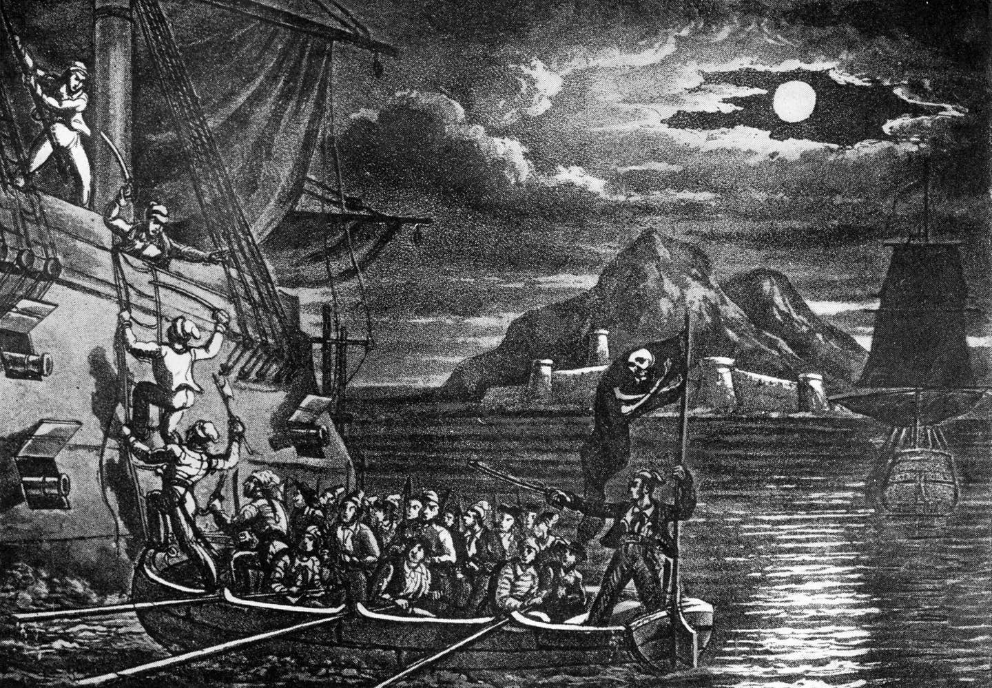 Pirates boarding a Spanish vessel in the West Indies, in an engraving from <em>The History and Lives of the Most Notorious Pirates</em>. <em>Photo by Culture Club/Getty Images</em>