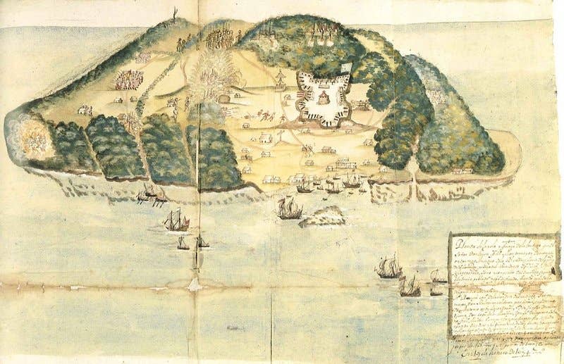A map of Tortuga, off the coast of Haiti, dating from the 17th century, when the island was a pirate stronghold. <em>Public Domain</em>